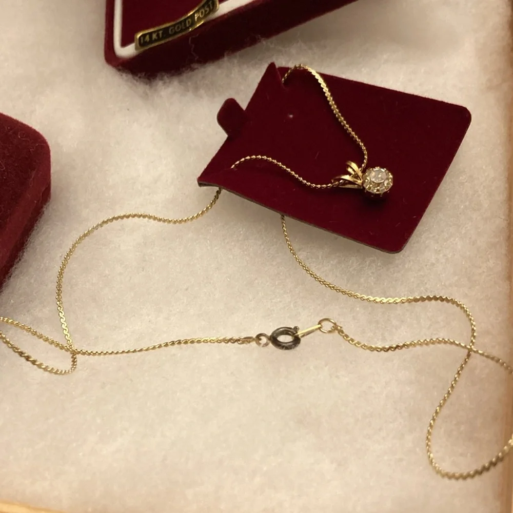 Set of CZ Pendant Necklace and Round CZ Stud Earrings on 14k GF Posts for Teen